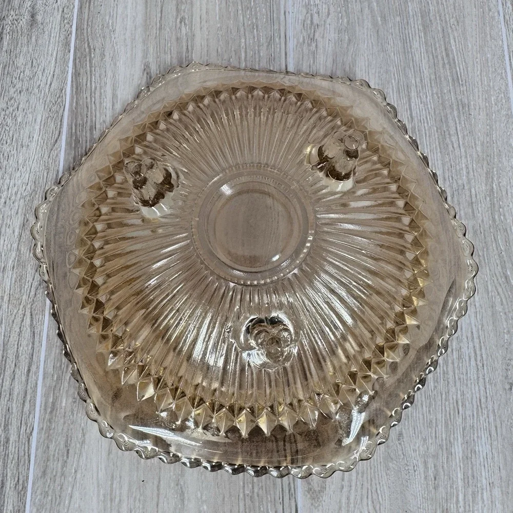 Vintage Amber Diamond Pattern Glass Footed Bowl Scalloped Rim Console‎ Dish